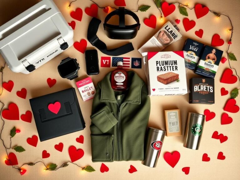 Flick International Flat lay of unique Valentine's Day gifts for men, including tech gadgets, gourmet food items, and sports merchandise.