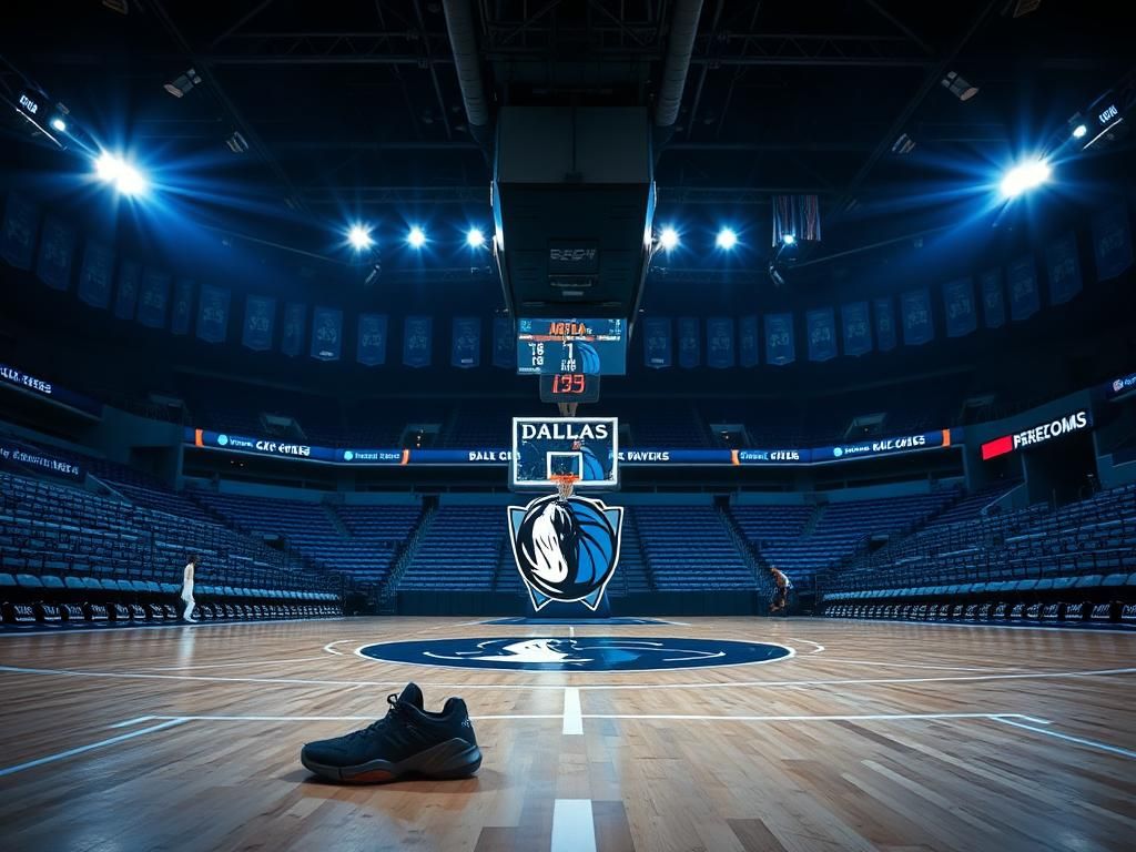 Flick International Empty basketball court with Dallas Mavericks logo and abandoned shoes symbolizing injury