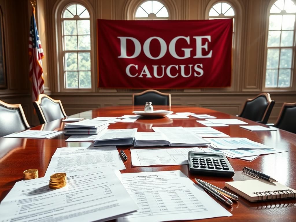 Flick International Congressional DOGE Caucus documents on a conference table