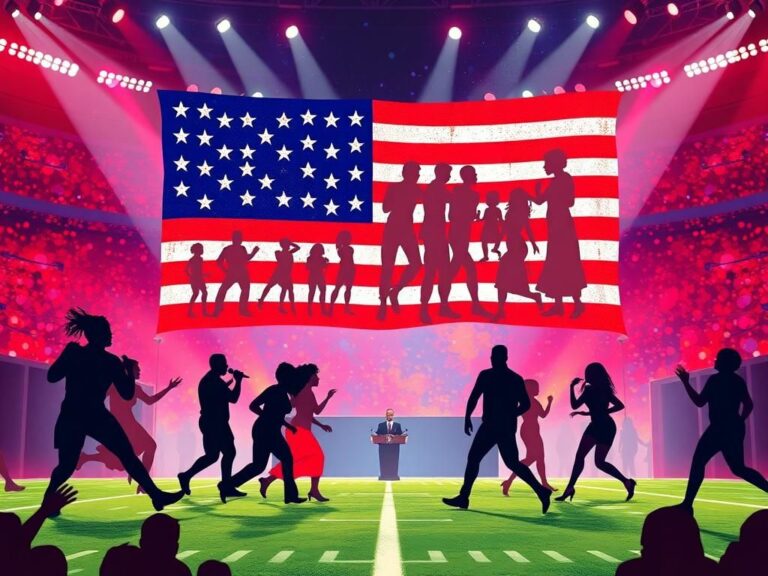 Flick International A vibrant Super Bowl halftime show scene showcasing diverse performers silhouettes and an American flag.