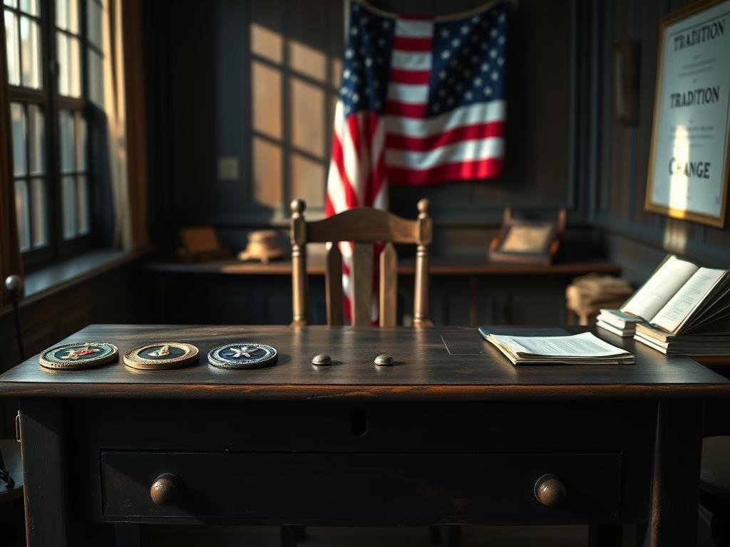 Flick International A weathered wooden desk with military insignias representing the U.S. military academies