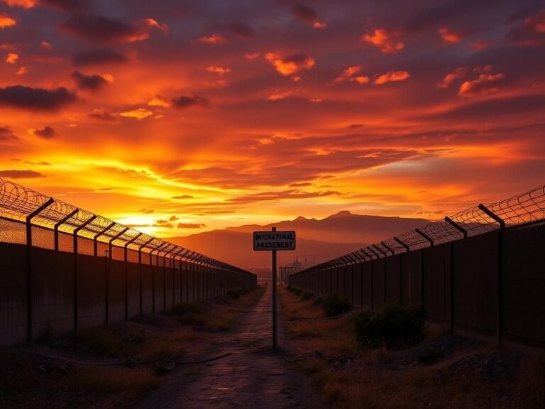 Flick International A dramatic sunset over El Salvador's CECOT mega-prison with barbed wire and a weathered signpost.