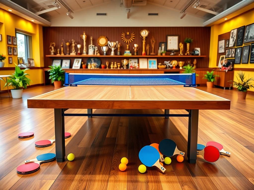 Flick International A vibrant indoor ping-pong table setup with trophies and colorful paddles