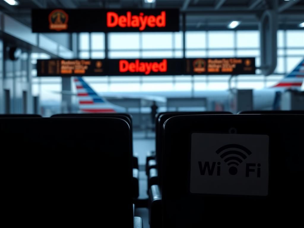 Flick International Empty airport gate with an American Airlines aircraft in the background and a delayed sign