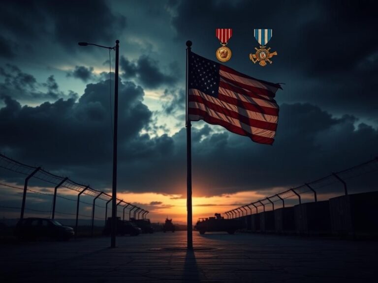 Flick International Dramatic scene of a military base at dusk with barbed wire fences and a tattered U.S. flag