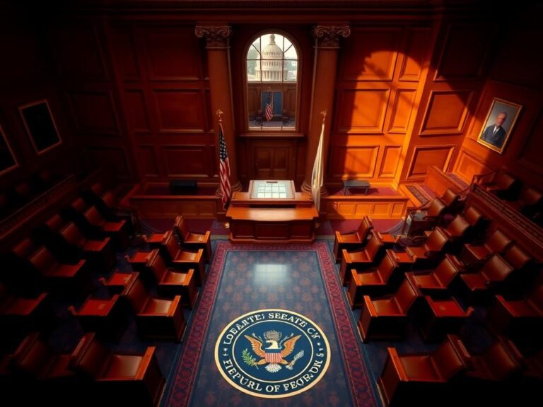 Flick International High-angle view of the empty U.S. Senate chamber with the iconic Senate seal