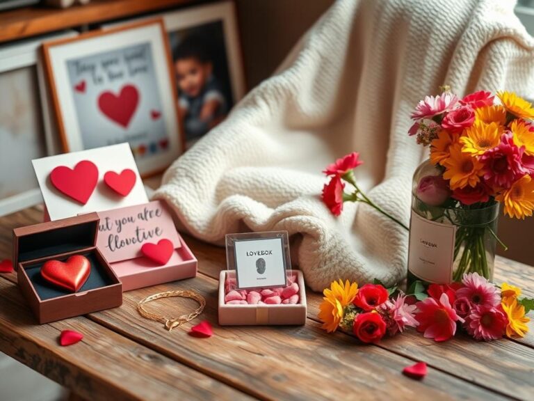 Flick International Assortment of Valentine's Day gifts for long-distance relationships on a rustic wooden table