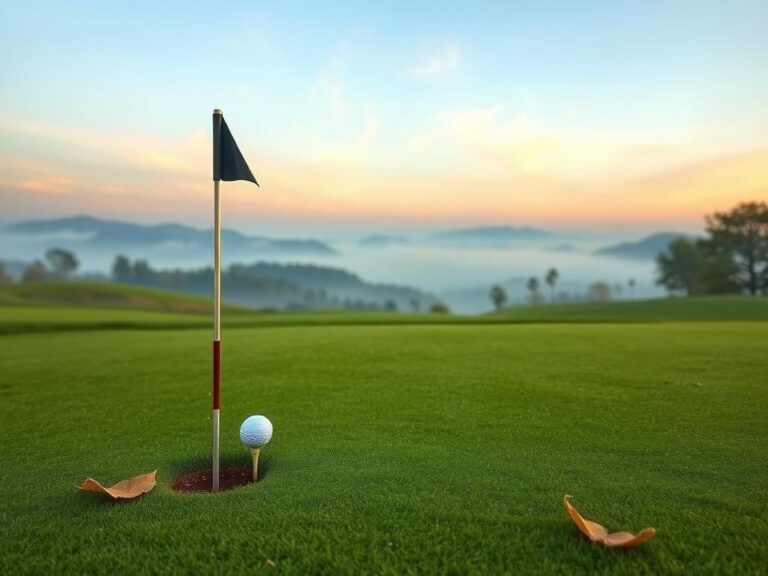 Flick International Serene golf course at sunrise with a golf tee and ball amidst dew-kissed grass