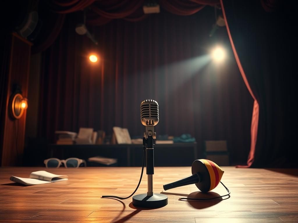 Flick International Vintage microphone on an empty wooden stage with scattered comedy props