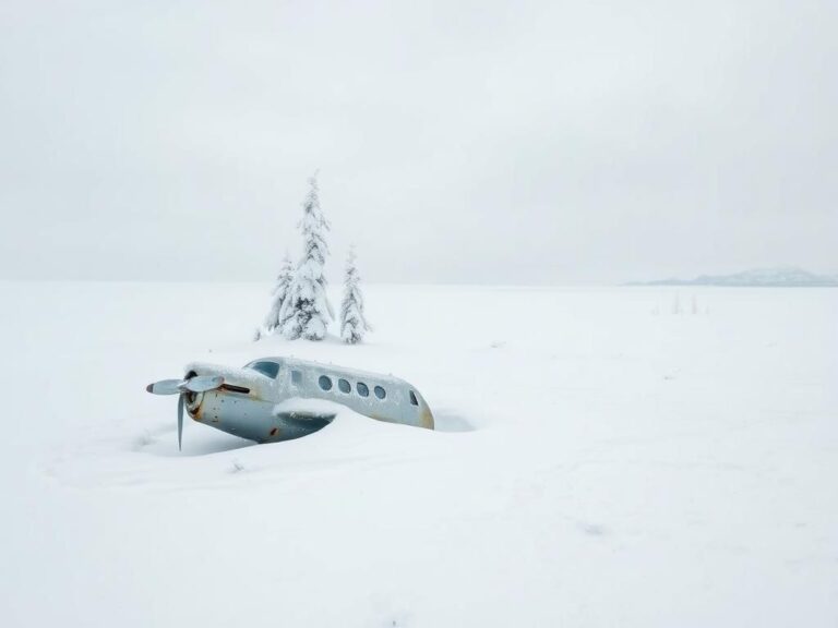 Flick International Wreckage of a single-engine turboprop plane partially buried in snow in Alaska