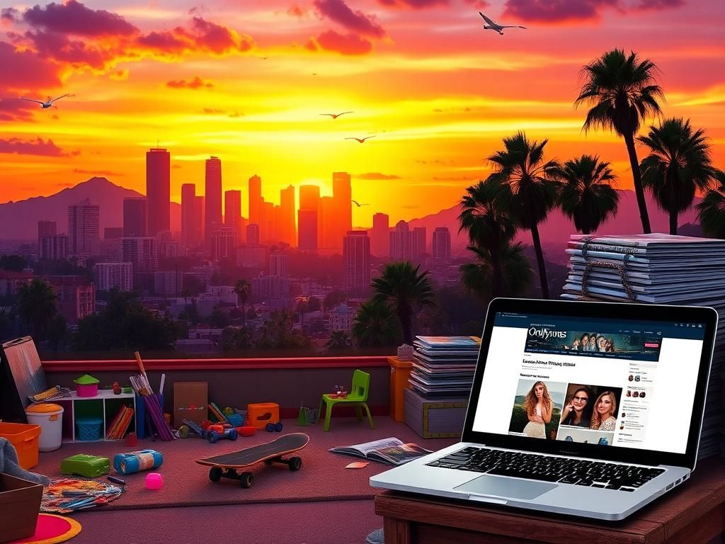 Flick International Vibrant Los Angeles cityscape at sunset with palm trees and high-rise buildings