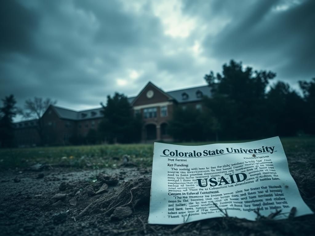 Flick International A crumpled USAID document on the ground at a neglected college campus, symbolizing hidden truths