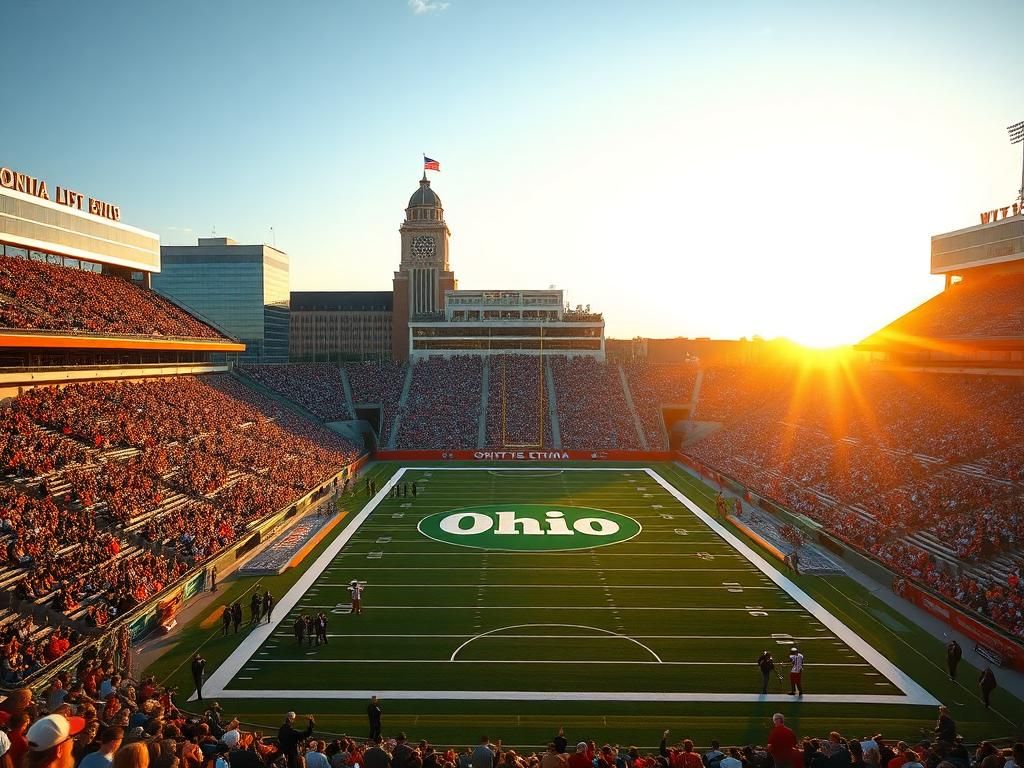 Flick International Empty college football stadium with an 'Ohio' logo on the field during sunset