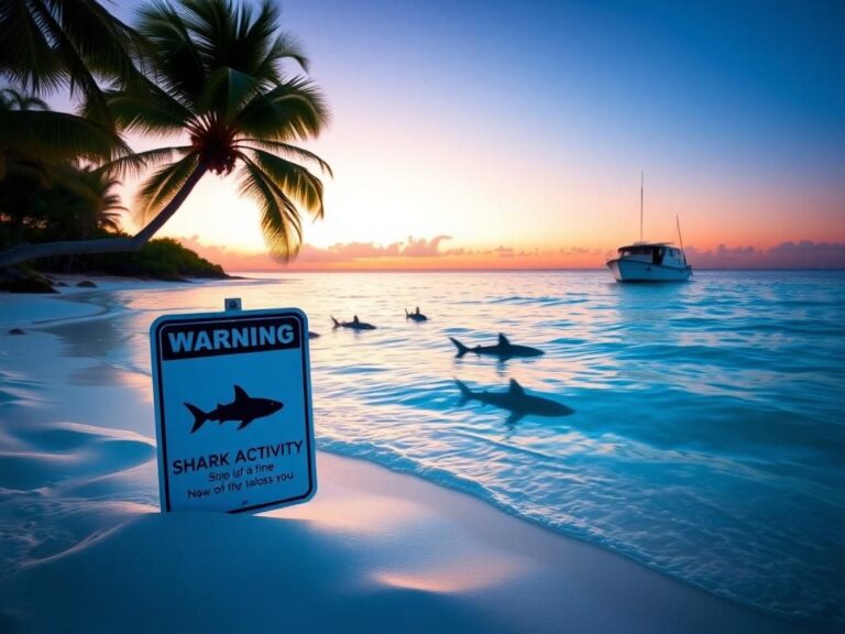 Flick International Serene beach scene in Bimini Bay showcasing warning sign about shark activity