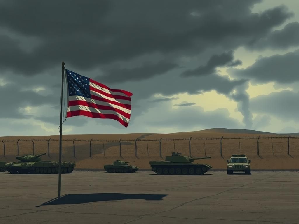 Flick International A faded American flag flapping gently at an empty military base under a cloudy sky, symbolizing uncertainty for transgender service members.