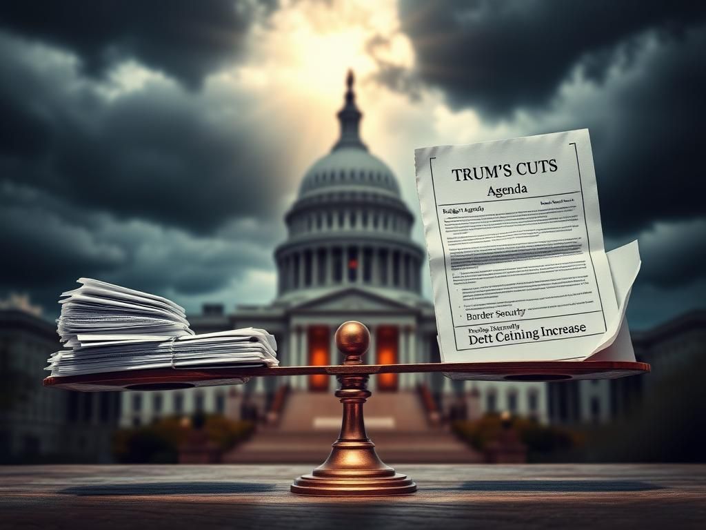 Flick International Broken scale representing budget conflict with stacked papers labeled 'Budget Cuts' and 'Reconciliation Plan' overshadowed by Trump's Agenda document.