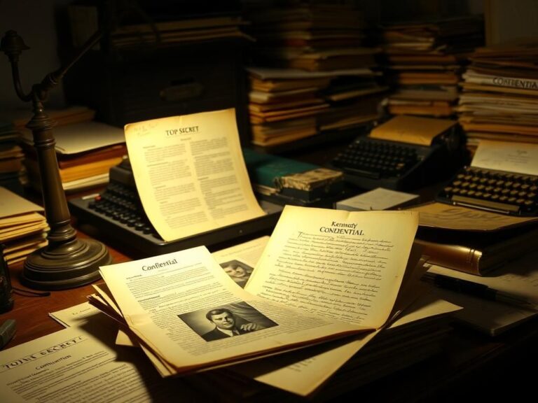 Flick International Dimly lit desk with aged documents and files related to JFK's assassination