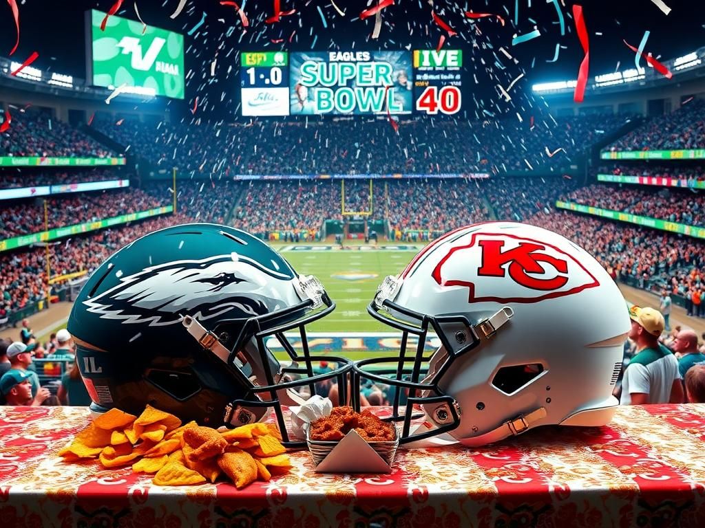 Flick International A vibrant Super Bowl scene featuring the Philadelphia Eagles and Kansas City Chiefs helmets amid a lively crowd