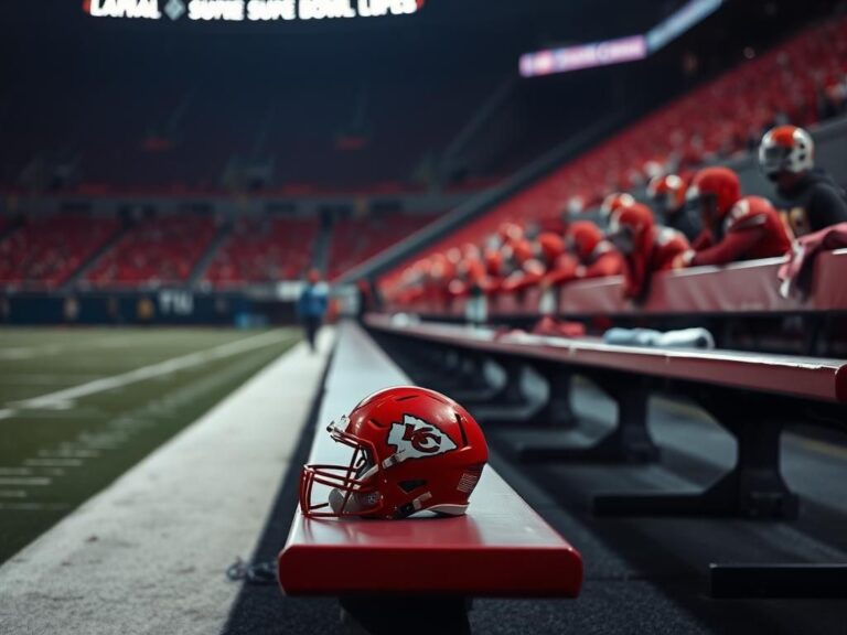 Flick International Somber Kansas City Chiefs sideline with empty bench and a lone helmet during Super Bowl LIX