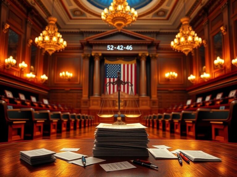 Flick International Senate chamber illuminated with chandeliers, empty voting blocks, and a scale of justice representing Tulsi Gabbard's confirmation vote