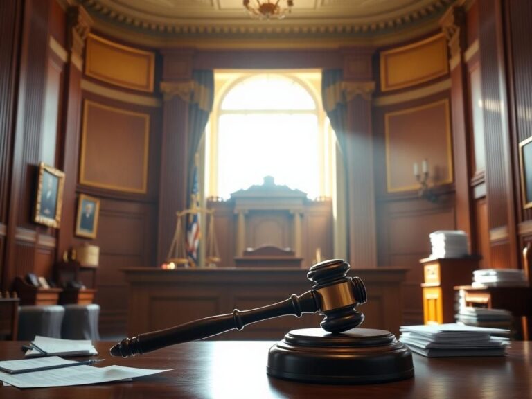 Flick International Courtroom scene in a classical-style federal court with an empty judge's bench and gavel