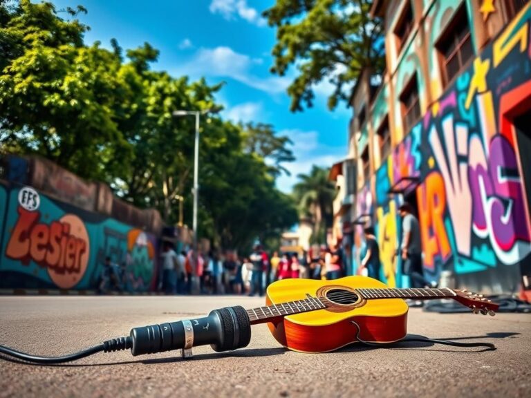 Flick International A vibrant street scene in Bengaluru featuring an unplugged microphone stand and acoustic guitar amid colorful street art.