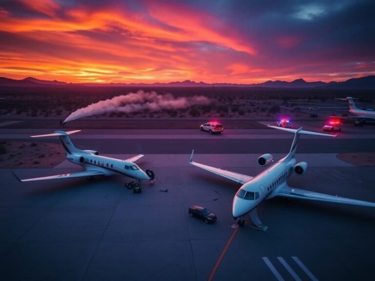 Flick International Aerial view of Scottsdale Airport showing the aftermath of a jet crash involving a Learjet 35A and a Gulfstream 200.