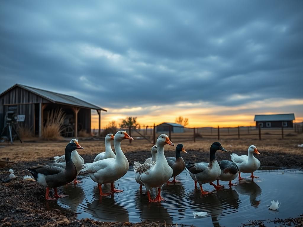 Flick International A serene duck farm in California at dusk with healthy and lethargic ducks