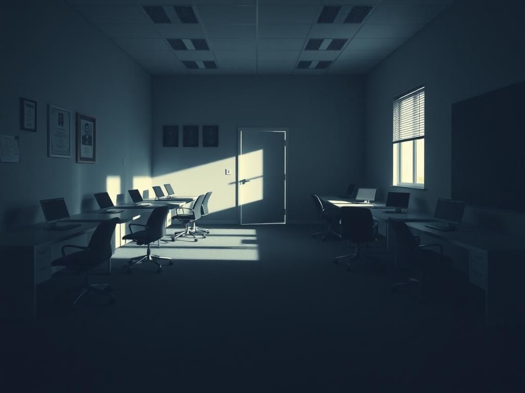Flick International Dimly lit office space symbolizing the shutdown of the DEI office