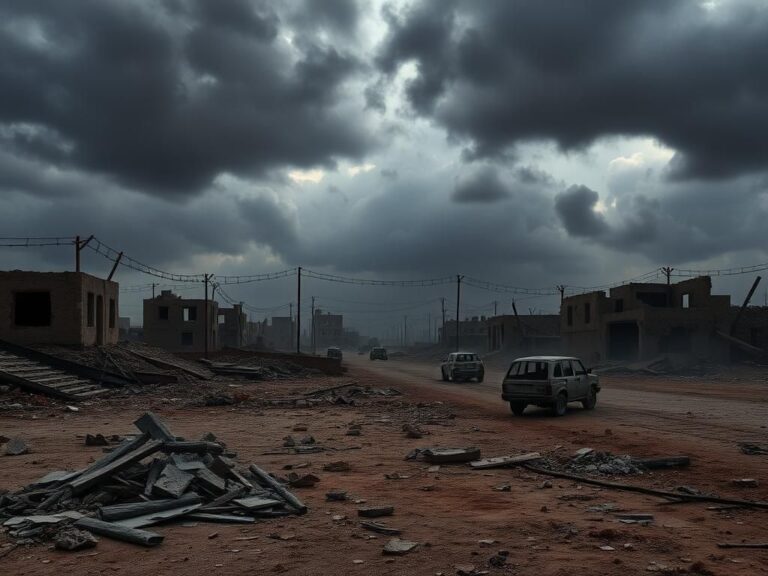 Flick International A war-torn landscape in the Gaza Strip, featuring debris and destroyed buildings under ominous clouds