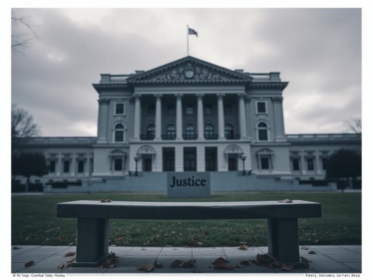 Flick International Empty stone bench outside a government building under a gray sky