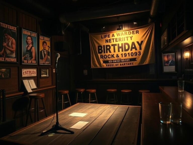 Flick International Dimly lit bar interior with empty microphone stand and vintage rock posters