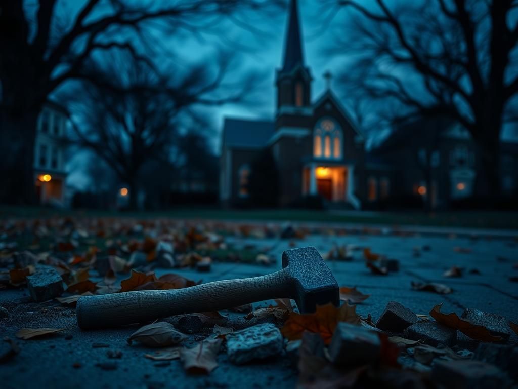 Flick International Weathered hammer abandoned on a Louisiana college campus ground surrounded by autumn leaves