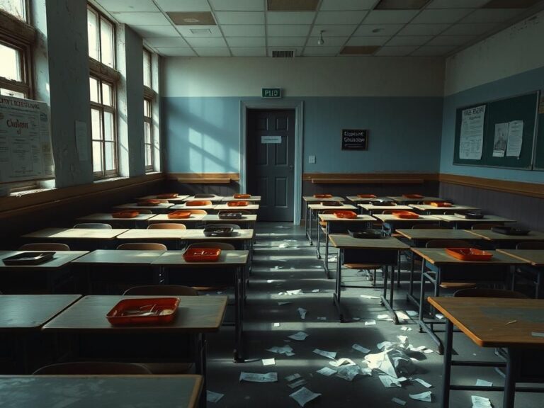 Flick International Empty classroom with abandoned lunch trays and vacant desks symbolizing educational neglect