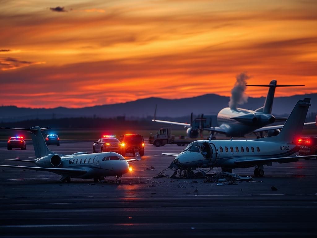 Flick International A devastated scene at Scottsdale Airport showing wreckage of a small jet and a larger business jet after a tragic plane crash.