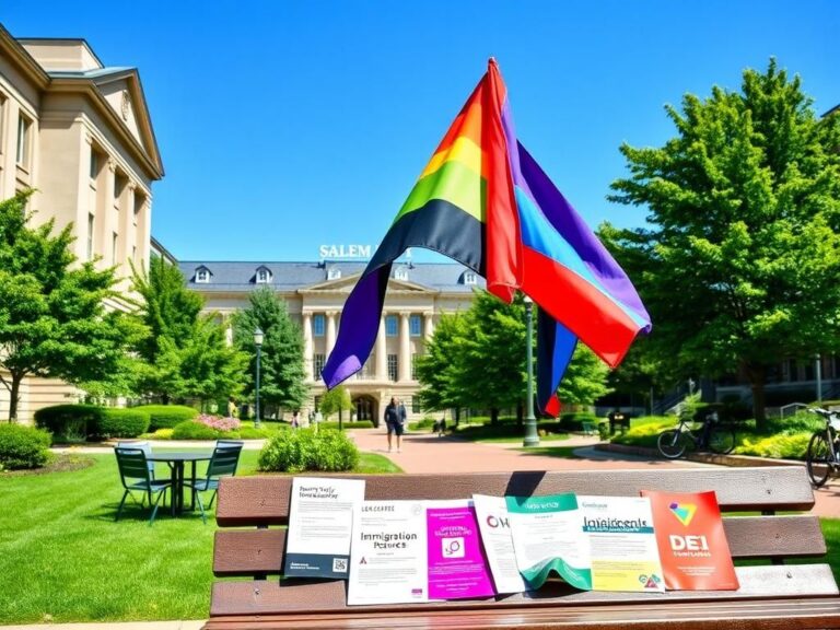 Flick International A vibrant university campus scene at Salem State University highlighting diversity with various flags and colorful pamphlets.