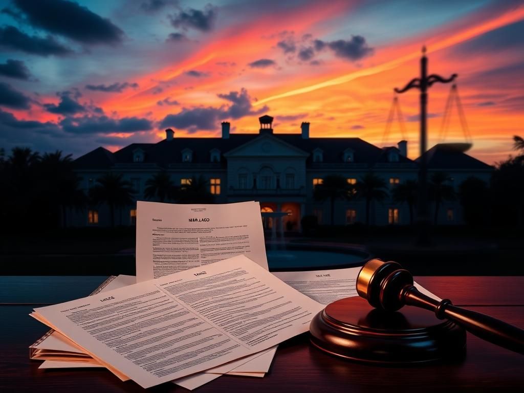 Flick International Exterior view of Mar-a-Lago estate at twilight with classified documents in foreground