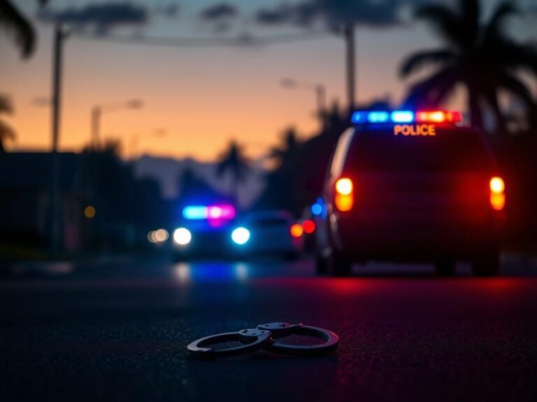 Flick International Empty police vehicle at night in Palm Beach County with flashing lights and handcuffs symbolizes tragedy