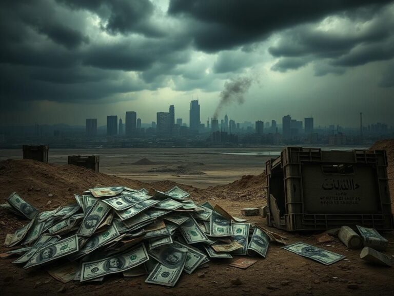 Flick International Crumbling middle-eastern city skyline symbolizing chaos and conflict with scattered dollar bills