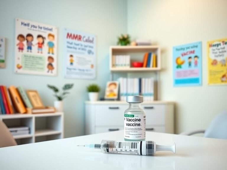 Flick International A pediatrician's office displaying colorful vaccine informational posters and an MMR vaccine vial on a clean table