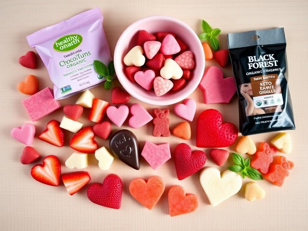 Flick International A beautifully arranged flat lay of healthy Valentine’s Day candy options including organic treats.