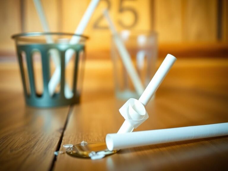 Flick International Close-up of a crumpled white paper straw on a wooden table beside a drink