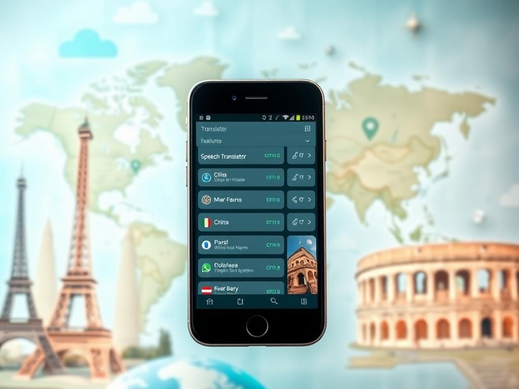 Flick International Smartphone displaying translation app interfaces with iconic travel landmarks in the background