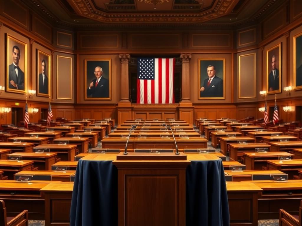 Flick International A modern U.S. Senate chamber showcasing an empty room with polished wooden desks and state flags