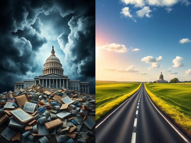 Flick International Split-image illustrating the tension of a potential government shutdown with a chaotic scene on one side and a vibrant representation of political strategy on the other