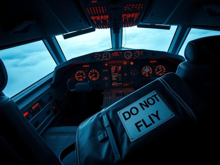 Flick International Empty airplane cockpit with warning lights, symbolizing fear of flying