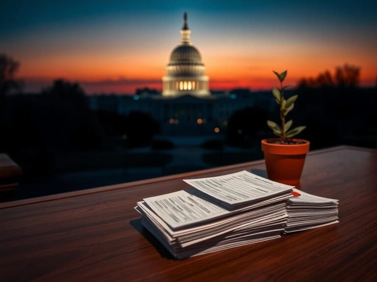 Flick International U.S. Capitol building at dusk with medical prescriptions on a desk