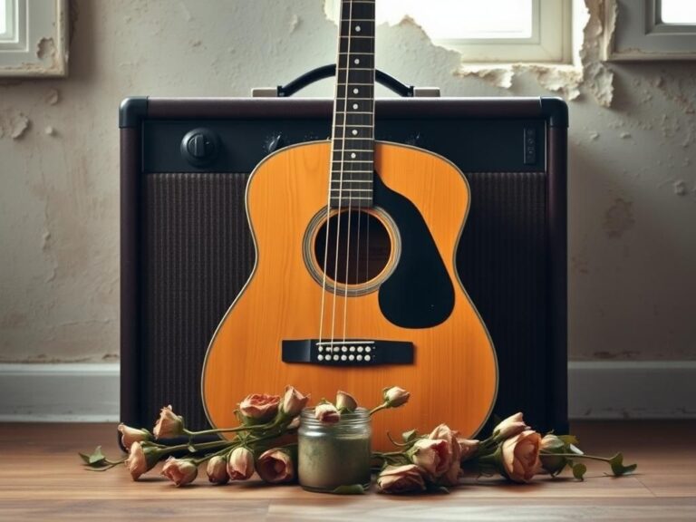 Flick International Acoustic guitar resting against a vintage amplifier surrounded by wilted flowers, symbolizing David Johansen's music legacy and life's fragility