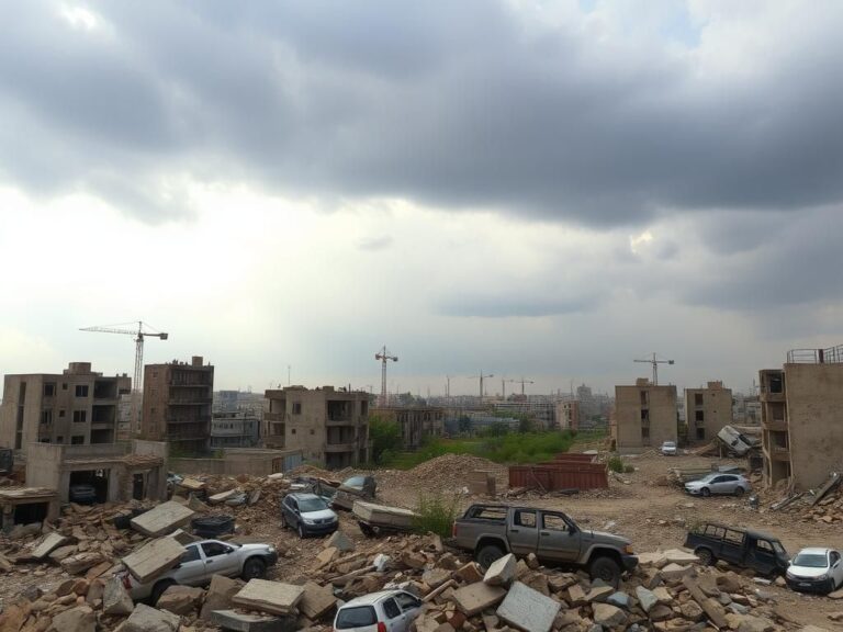 Flick International Wide-angle view of a war-torn urban landscape showing destruction and reconstruction efforts