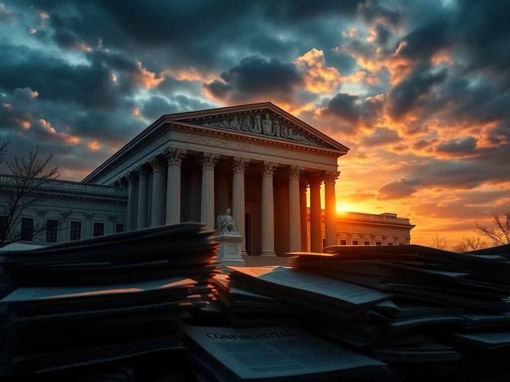 Flick International Federal appeals court building with sunset backdrop and classified documents